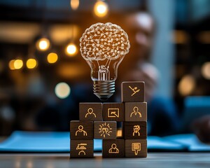 Poster - AI vs human competition concept with digital brain in lightbulb