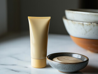 Wall Mural - close up shot of skincare tube and bowl of cream on marble surface