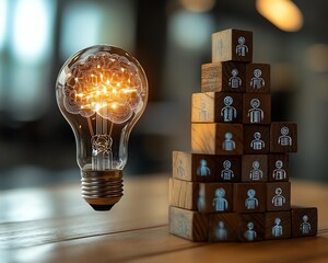 Poster - AI vs human competition concept with digital brain in lightbulb
