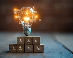Poster - AI vs human competition concept with digital brain in lightbulb