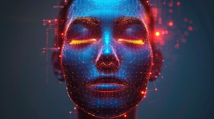 Wall Mural - a close-up of a digital face with red and blue lights, creating a futuristic and techy look. ai gene