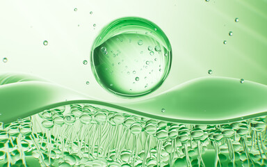 Wall Mural - Green glass spheres or cells on the green skin, Concept skin care Cosmetics background, 3D rendering.