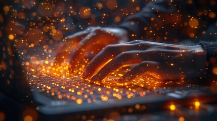 Hands typing on a laptop keyboard with orange light and sparks. AI generative. .