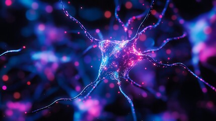 Poster - Microscopic view of a glowing neuron with vibrant pink and blue axons and dendrites.