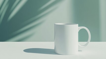 Aufkleber - White ceramic mug mockup standing on white table surface with tropical palm tree leaves shadow on green wall background, perfect for showcasing designs and logos