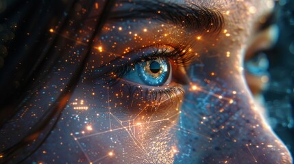 Wall Mural - close-up of a blue eye with eyelashes, glowing orange and white light streaks across the skin. ai ge