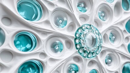Aufkleber - Abstract white and teal organic pattern with circular elements.