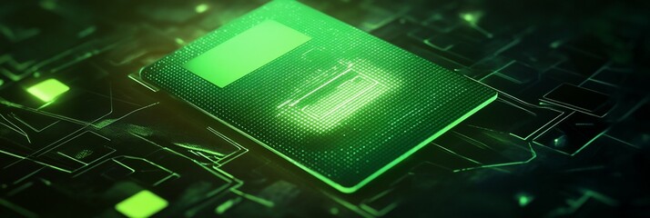 Poster - Futuristic green glowing microchip on a circuit board.