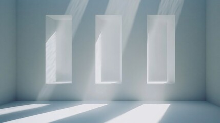 Poster - Sunlight streams through three vertical rectangular windows in a minimalist white room.