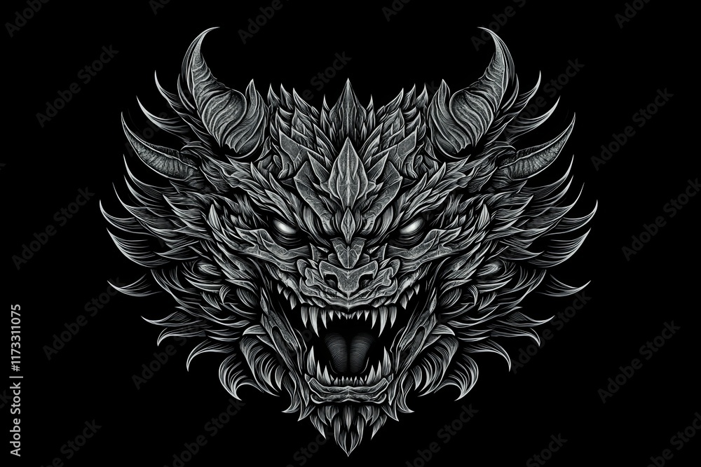 Gray scale fierce dragon head illustration with sharp horns and teeth ...