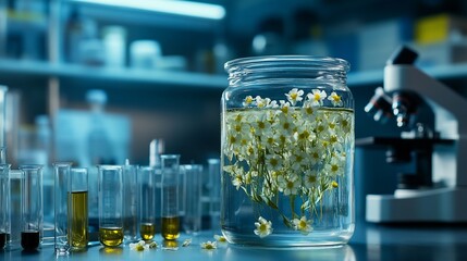 Aufkleber - Chamomile flowers in a jar in a laboratory setting with test tubes and microscope.