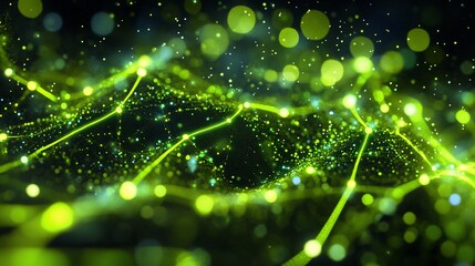 Poster - Abstract green energy wave with glowing particles and bokeh lights.