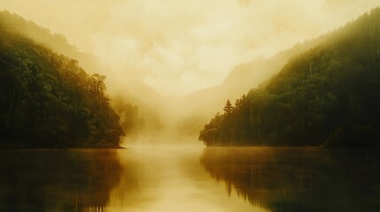 Poster - Misty sunrise over calm lake nestled in lush green valley.