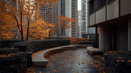 Poster - Urban autumn scene curved benches, fallen leaves, and city buildings in the background.