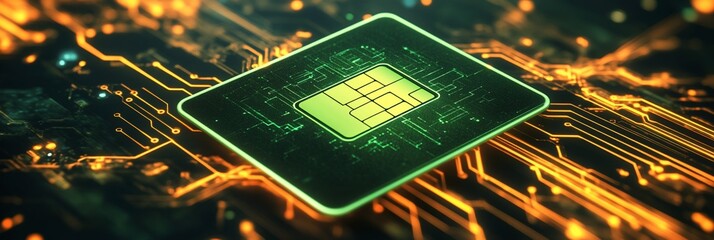 Poster - Green microchip on circuit board.