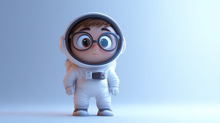 Poster - Cute cartoon astronaut boy in spacesuit looking pensive against a light blue background.