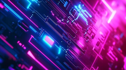 Poster - Abstract neon pink and blue circuit board lines glowing in the dark.