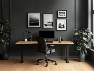 Poster - Modern home office with wooden desk, black chair, and plants.