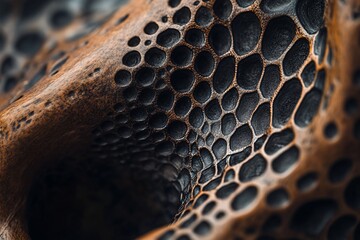 Poster - Close-up of a textured, porous, dark brown and black surface with a three-dimensional, organic pattern.
