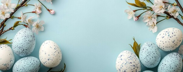 Wall Mural - Pastel Easter Eggs with Cherry Blossoms Background