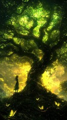Wall Mural - a celestial forest where glowing vines stretch between crystalline trees, forming radiant canopies a