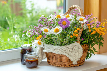 beautiful wicker basket filled with colorful flowers, including daisies and purple blooms, sits on windowsill next to jars of homemade preserves, creating cheerful and inviting atmosphere