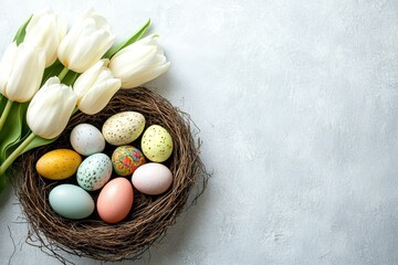 Easter Eggs in a Nest with White Tulips