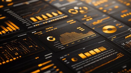 Leinwandbilder - Close-up of a digital dashboard displaying various charts and graphs with orange and black color scheme.