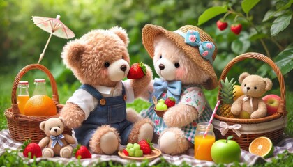 Wall Mural - Two teddy bears having a picnic with food and fruit...Concept: Romantic picnic, cute toys having a date.