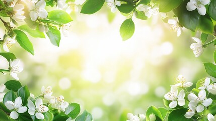 Aufkleber - Blossoming branches frame a bright, sunny spring background.