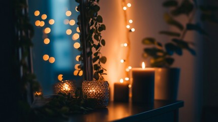 Aufkleber - Cozy room with candles, plants, and fairy lights reflecting in a mirror.