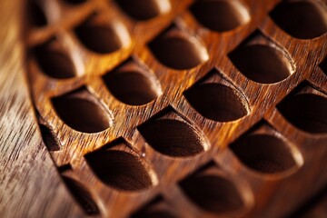 Poster - Close-up of intricately carved wooden surface with repeating almond-shaped cutouts, showcasing rich brown tones and textures.