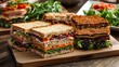 © aqib - Layered gourmet sandwiches with premium ingredients, artisanal breads, and bursting flavors, presented on wooden boards with side salads