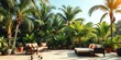 © Chalermrach - Tropical patio set with palm tree backdrop in lush jungle setting, inspired, jungle