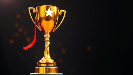 trophy cup in shiny gold standing on vibrant orange background, success, trophy