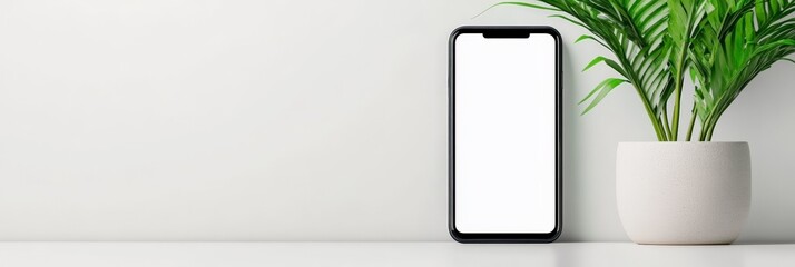 Wall Mural - modern smartphone with blank white screen standing on white desk next to small green plant in white 