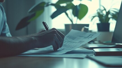 Poster - Person reviewing documents at desk, hands close-up, indoor setting.