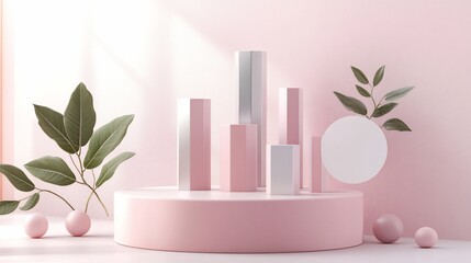 Aufkleber - Pastel pink and silver geometric shapes and foliage on a round platform.