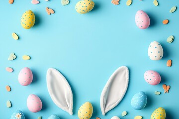 Colorful Easter Eggs and Bunny Ears Decorated on a Pastel Blue Background