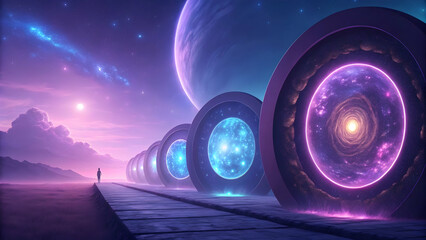 Wall Mural - Cosmic Pathway to Parallel Universes with Glowing Portals and Stars