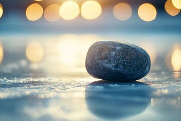 Poster - Smooth gray stone rests on icy surface, reflecting blurred lights.
