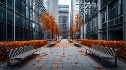 Aufkleber - Autumnal city street scene with benches and fallen leaves between modern buildings.