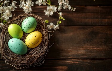 Wall Mural - Colorful Easter Eggs in a Nest with Spring Flowers