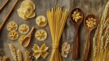 Poster - Assorted pasta shapes, wheat stalks, and wooden spoons on rustic background.