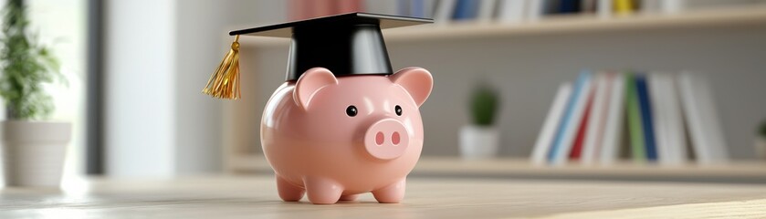 Wall Mural - A piggy bank wearing a graduation cap symbolizes savings for education and financial planning for students.