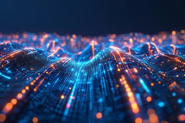 Fototapete - Abstract digital wave of glowing particles, futuristic technology background.