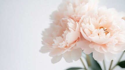 Aufkleber - Close-up of delicate peach peonies with wedding rings nestled amongst the petals against a soft white background.