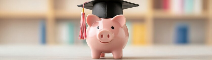 Wall Mural - A piggy bank wearing a graduation cap symbolizes saving for education and financial planning for future academic endeavors.