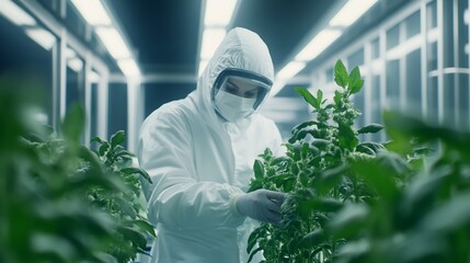 Poster - Scientist in protective suit examines plants in a controlled environment.