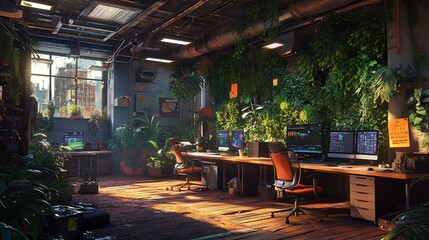 Fototapete - Sunlit, plant-filled modern office with multiple workstations, city view.